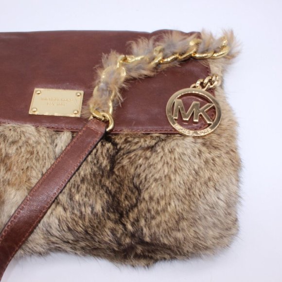 Michael Kors Shoulder Bag Purse Logo Satchel Brown Leather Rabbit Fur Messenger - Picture 8 of 12